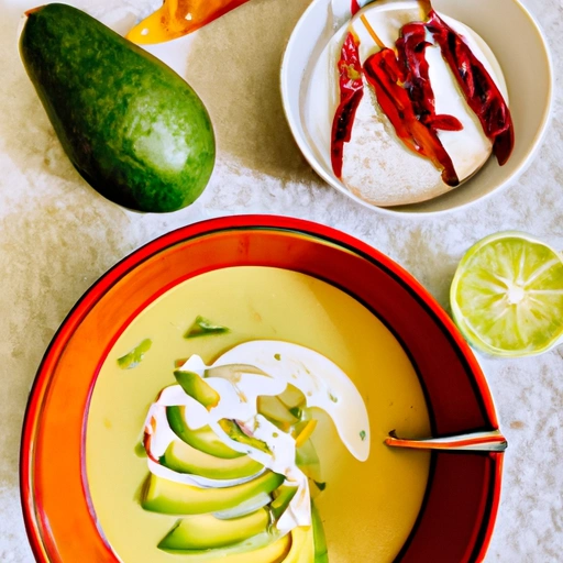 Avocado Lime Soup with Crème Fraiche and Roasted Pimientos