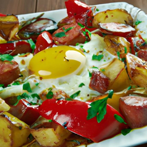 Baked Eggs with Sausage, Pepper and Potato Hash
