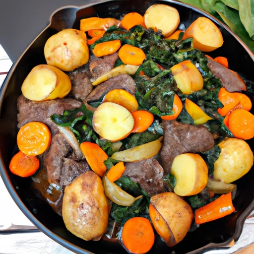 Black Skillet Beef with Greens and Red Potatoes