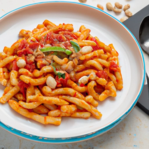 Makaron Casarecce z pomidorami, smażonym czosnkiem, kaparami i fasolą Cannellini