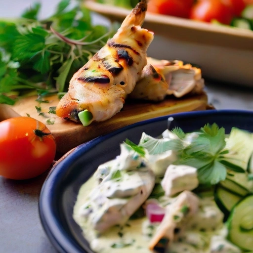 Chicken Souvlaki with Cucumber-Yogurt Sauce and Greek Salad