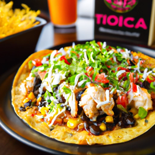 Chicken Tostada with Corn, Pickled Jalapenos and Black Beans