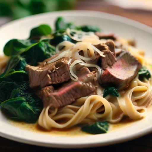 Crockpot Creamy Beef and Spinach over Noodles