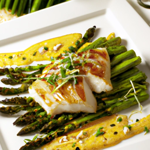 Grilled Halibut over Corn and Asparagus with Asian Dressing