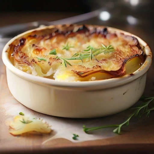 Low-calorie potato, onion, and garlic gratin