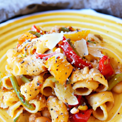 Pasta and Garbanzo Beans with Roasted Vegetables