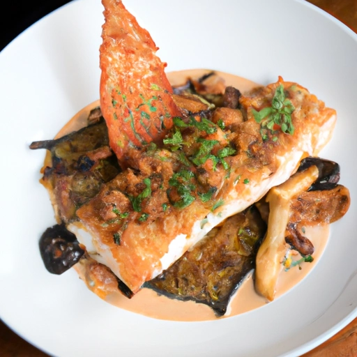 Pepper-seared Catfish with Mushrooms, Pinenuts and Pancetta