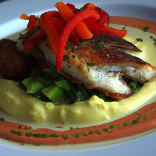 Roasted Sea Bass with Avocado and Red Bell Pepper Coulis