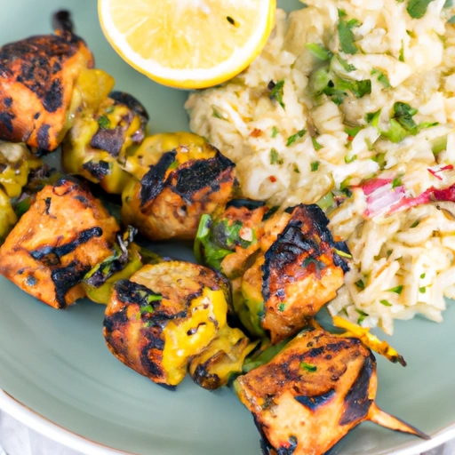 Spicy Marinated Chicken Kebabs over Rice