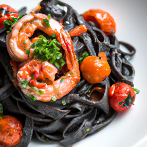 Squid Ink Pasta with Shrimp, Nduja, and Tomato