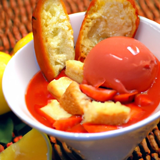 Strawberry Sorbet Soup and Pound Cake Croutons