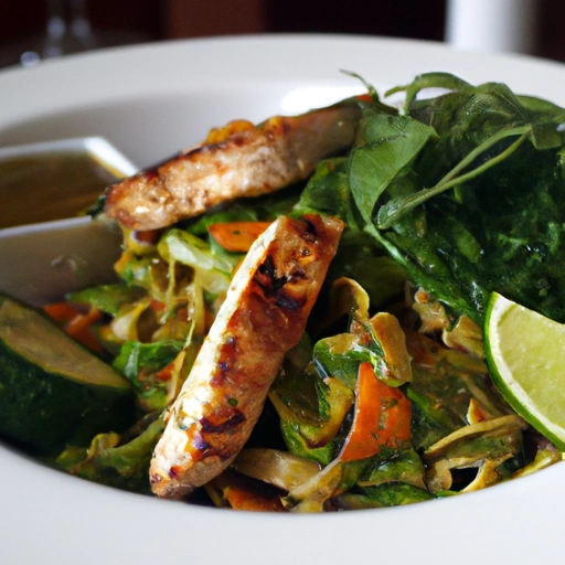 Thai Curry-grilled Chicken with Green Peppercorn Pasta, Baby Vegetables and Avocado Lemon Sauce