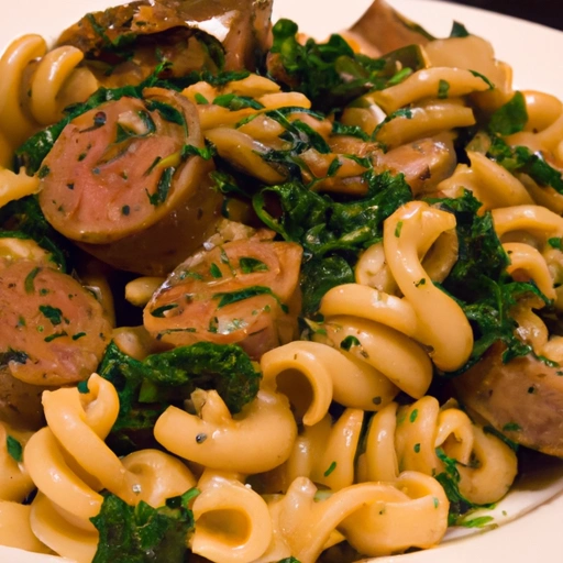 Whole Wheat Rotini with Spicy Sausage and Mustard Greens